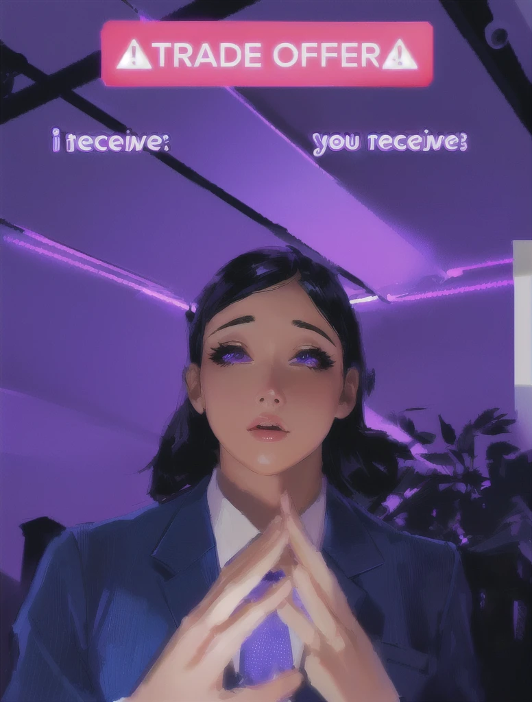 there is a woman in a suit and tie making a face, blacklight reacting, twitch streamer, very very low quality picture, his palms are sweaty, looking into camera, plump lips