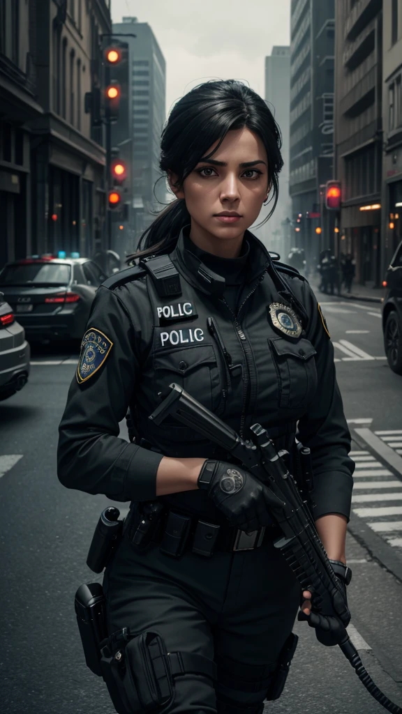 a female police officer, dark gray uniform, patrolling the streets with her german shepherd dog, hyperrealistic, highly detailed, octane render, cinematic lighting, dramatic pose, beautiful detailed eyes, beautiful detailed lips, extremely detailed face, long eyelashes, muscular body, serious expression, tactical gear, city background, gritty urban environment, cinematic camera angle, dramatic shadows, moody colors, muted tones, photorealistic, 8k, best quality