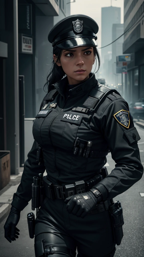 a female police officer, dark gray uniform, patrolling the streets with her german shepherd dog, hyperrealistic, highly detailed, octane render, cinematic lighting, dramatic pose, beautiful detailed eyes, beautiful detailed lips, extremely detailed face, long eyelashes, muscular body, serious expression, tactical gear, city background, gritty urban environment, cinematic camera angle, dramatic shadows, moody colors, muted tones, photorealistic, 8k, best quality