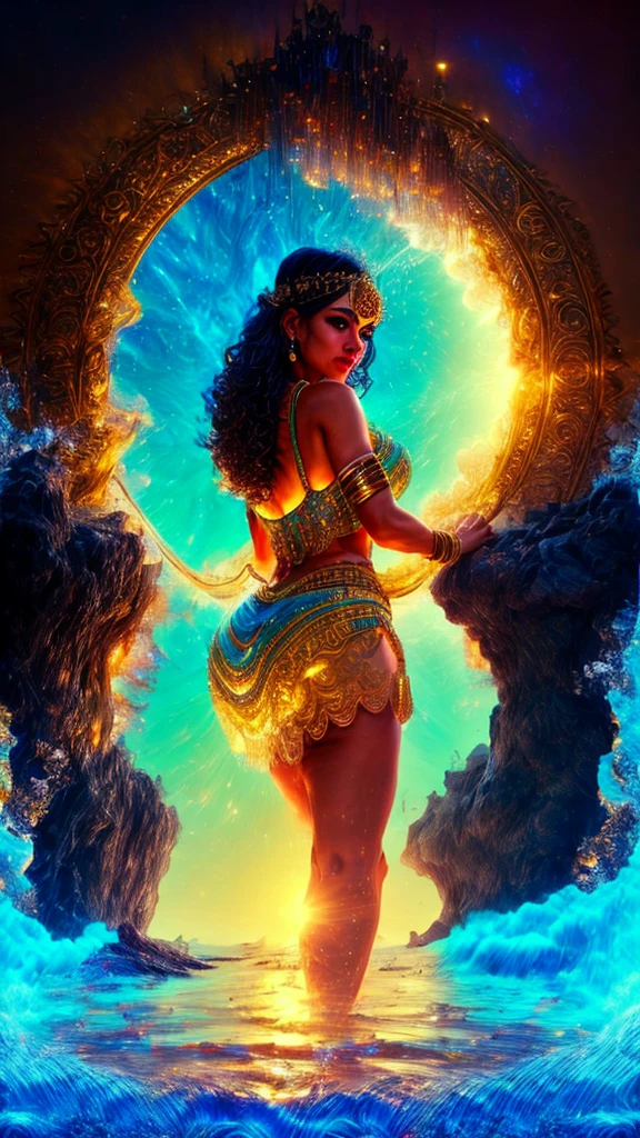 Full body pose, Latina, 40 years old Daisy Marie, 34dd's naturals, round firm butt, as a Egyptian Queen goddess with golden trimmed see-through body hugging skin-tight white dress, body silhouette seen under and ornated with Egyptian Royalty jewelry, masterpiece, best quality, highly detailed,  official art extremely detailed CG unity 8k wallpaper, 8k resolution, absurdres, full body, female, queen, goddess, idol, solo, makihitsuji, short eyebrows, V v-shaped eyebrows, gradient_eyes, tsurime, heart-shaped mouth, lipstick, 2D blush stickers, blush, jitome, naughty face, nose blush, smug, thinking, seductive smile, smirk, grin, hair over shoulder, long hair, hair between eye, braided bangs, blunt bangs, shiny hair, hair behind ear, crescent hair ornament, hair flower, hair rings, bracelet, drop earrings, puppet rings, sapphire brooch, jewelry, necklace, bangle, pendant, stud earrings, sunburst, hoop earrings, gauntlets, arm strap, skirt lift, lace trim, spaghetti strap, armlet, nail polish, make up, stain glass, mosaic background, colourful glass, ceiling window, water vapor, city, temple, stadium, fountain, standing, arched back, head tilt, leaning forward, hand on own stomach, hand to mouth, looking to the side, dramatic angle, stare, look at viewer, cocked eyebrow, castle, swimming pool, tunnel, in summer, sun, sky, meteor shower, hills, on a desert, plateau, cliff, canyon, oasis, waterfall, stream