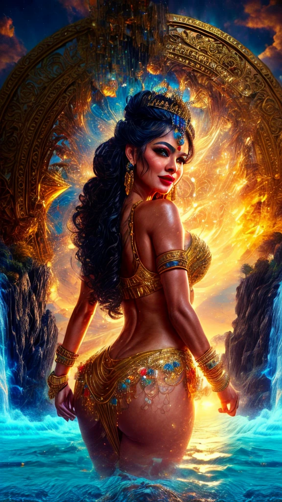 Full body pose, Latina, 40 years old Daisy Marie, 34dd's naturals, round firm butt, as a Egyptian Queen goddess with golden trimmed see-through body hugging skin-tight white dress, body silhouette seen under and ornated with Egyptian Royalty jewelry, masterpiece, best quality, highly detailed,  official art extremely detailed CG unity 8k wallpaper, 8k resolution, absurdres, full body, female, queen, goddess, idol, solo, makihitsuji, short eyebrows, V v-shaped eyebrows, gradient_eyes, tsurime, heart-shaped mouth, lipstick, 2D blush stickers, blush, jitome, naughty face, nose blush, smug, thinking, seductive smile, smirk, grin, hair over shoulder, long hair, hair between eye, braided bangs, blunt bangs, shiny hair, hair behind ear, crescent hair ornament, hair flower, hair rings, bracelet, drop earrings, puppet rings, sapphire brooch, jewelry, necklace, bangle, pendant, stud earrings, sunburst, hoop earrings, gauntlets, arm strap, skirt lift, lace trim, spaghetti strap, armlet, nail polish, make up, stain glass, mosaic background, colourful glass, ceiling window, water vapor, city, temple, stadium, fountain, standing, arched back, head tilt, leaning forward, hand on own stomach, hand to mouth, looking to the side, dramatic angle, stare, look at viewer, cocked eyebrow, castle, swimming pool, tunnel, in summer, sun, sky, meteor shower, hills, on a desert, plateau, cliff, canyon, oasis, waterfall, stream