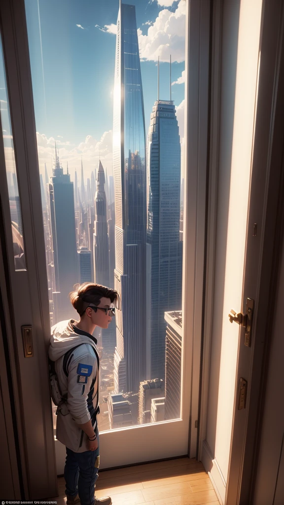 Scene: The young astronaut man wakes up in a huge bed in a giant room at the top of a skyscraper.
Description: The room is spacious, with a large bed in the center. Large windows offer an impressive view of the sunny metropolis. Add a blue sky and withe clouds in the sky, add a panoramic view in the scene, add a matte painting by artist syd mead