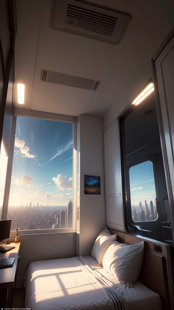 Scene: The young astronaut man wakes up in a huge bed in a giant room at the top of a skyscraper.
Description: The room is spacious, with a large bed in the center. Large windows offer an impressive view of the sunny metropolis. Add a blue sky and withe clouds in the sky, add a panoramic view in the scene, add a matte painting by artist syd mead