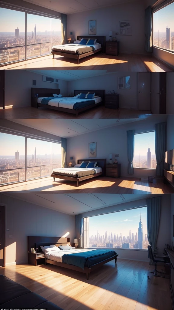 Scene: The young astronaut man wakes up in a huge bed in a giant room at the top of a skyscraper.
Description: The room is spacious, with a large bed in the center. Large windows offer an impressive view of the sunny metropolis. Add a blue sky and withe clouds in the sky, add a panoramic view in the scene, add a matte painting by artist syd mead