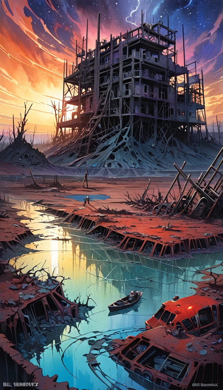 dead world theme, contaminated world, only metal structures remain as a memory, no vegetation, contaminated water, dark world, spectacular otherworldly sky (art inspired by Bill Sienkiewicz ). oil painting)