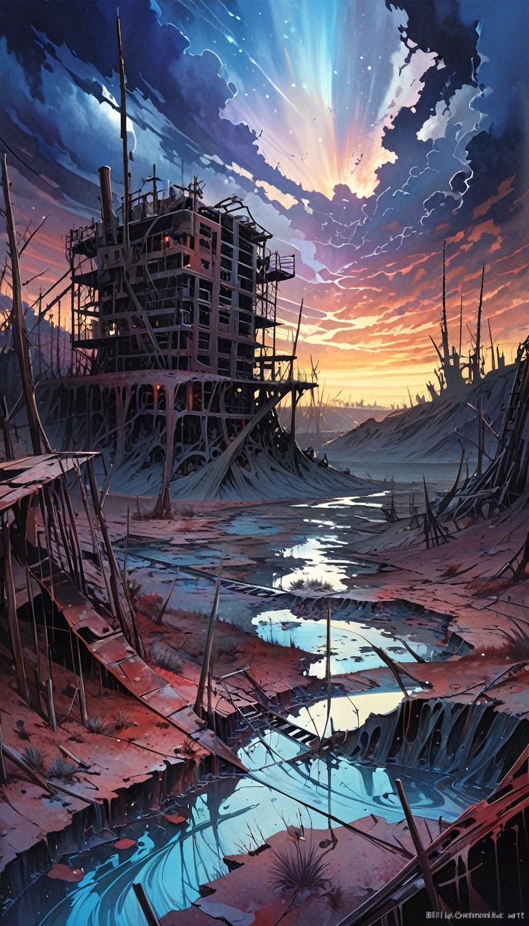 dead world theme, contaminated world, only metal structures remain as a memory, no vegetation, contaminated water, dark world, spectacular otherworldly sky (art inspired by Bill Sienkiewicz ). oil painting)