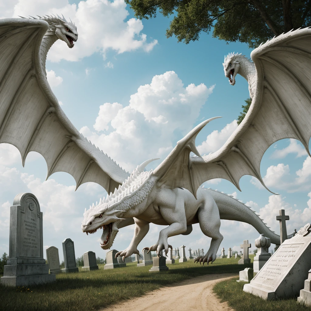 (best quality,4k,highres,masterpiece:1.2),ultra-detailed,(realistic:1.37),white atmosphere,tomb,white dragon emerging from the earth,vector art,detailed,fangs,wings,fire,earth,day,cemetery