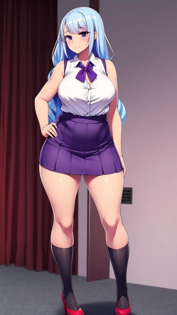 A cute age girl, beautiful beauty, big chest, long soft wavy light blue hair, her purple eye, wears a white button-down shirt, wearing a gray sleeveless button-down vest and a metallic purple skirt, pair of red socks, and yellow heels.