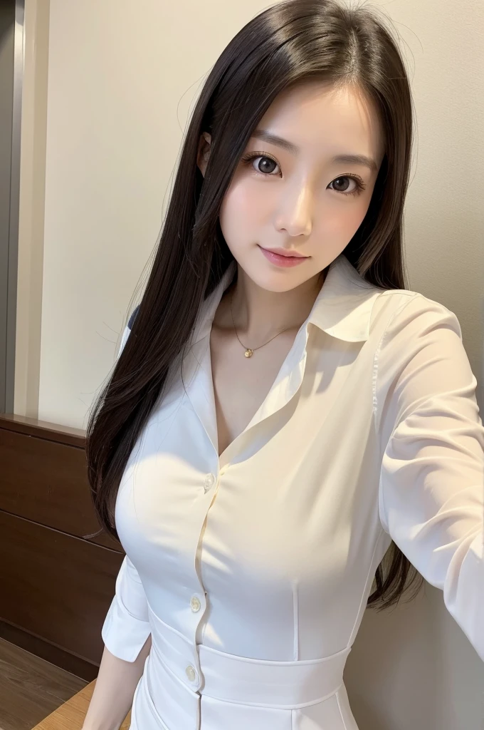 29-year-old　Beauty　A calm face　Fair skin　Japanese　A little taller　Taking a selfie　White blouse