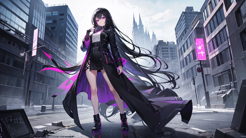 1girl, black long hair, purple eyes, detailed eyes, glaring at viewer, wearing coat, urban ruins, absurdres, high res, ultrasharp, 8K, masterpiece, mature looking, full body