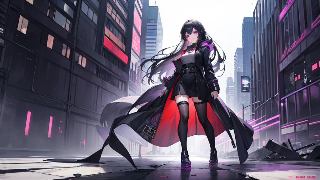 1girl, black long hair, purple eyes, detailed eyes, glaring at viewer, wearing coat, urban ruins, absurdres, high res, ultrasharp, 8K, masterpiece, mature looking, full body