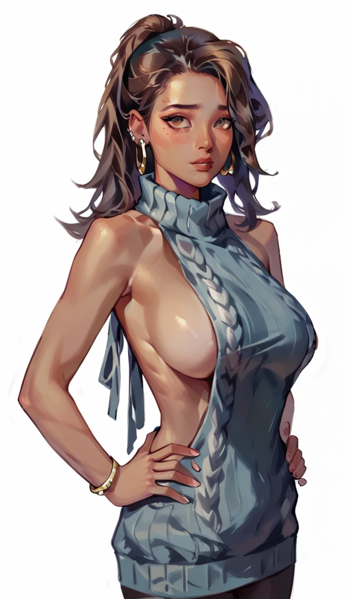 score_9, score_8_up, score_7_up, 1girl, smudgy, traditional art, liu2, brush texture, big breasts, brown skin, facing viewer, virgin killer sweater, side boob, white background, earring, shy, hands on hips, exposed sides