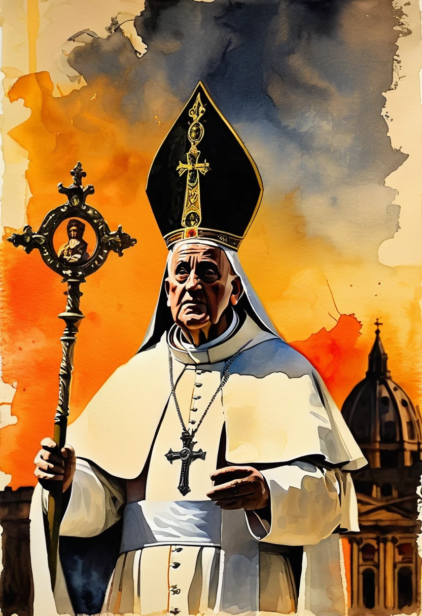 shilouette, oil painting, watercolor, old paper, Picture of a pope, holding a monstrance, wearing a mitre (hat), casting a shadow of a menacing wolf ready to strike, growling, and evil eyes. vatican cathedral, sunset, orange