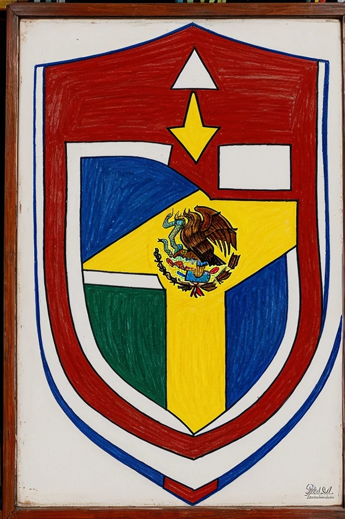 Show me a drawing of a Mexican primary school shield attached to the liberal pedagogy of Paulo Freire with white colors, blue, red, yellow 