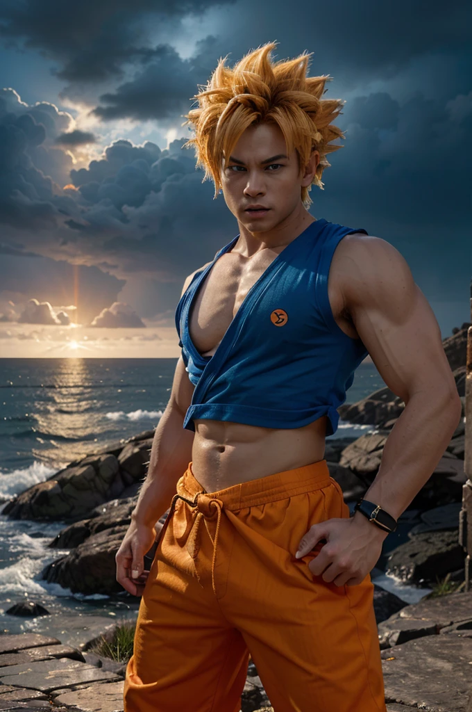 An anime-style portrait of Son Goku from Dragon Ball. He is in his Super Saiyan form, with his golden spiky hair glowing and his piercing blue eyes full of determination. Goku is wearing his iconic orange gi with the blue undershirt and wristbands. His muscular build is highlighted as he stands in a powerful fighting stance, with a vibrant aura of energy surrounding him. The background is a dramatic, rocky landscape with a stormy sky, emphasizing the intensity of the scene."