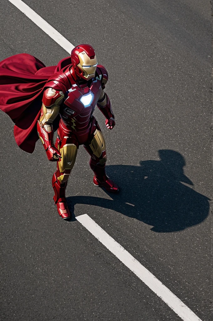 Iron Man Superman is fighting after the road and people are standing on both sides of the road.