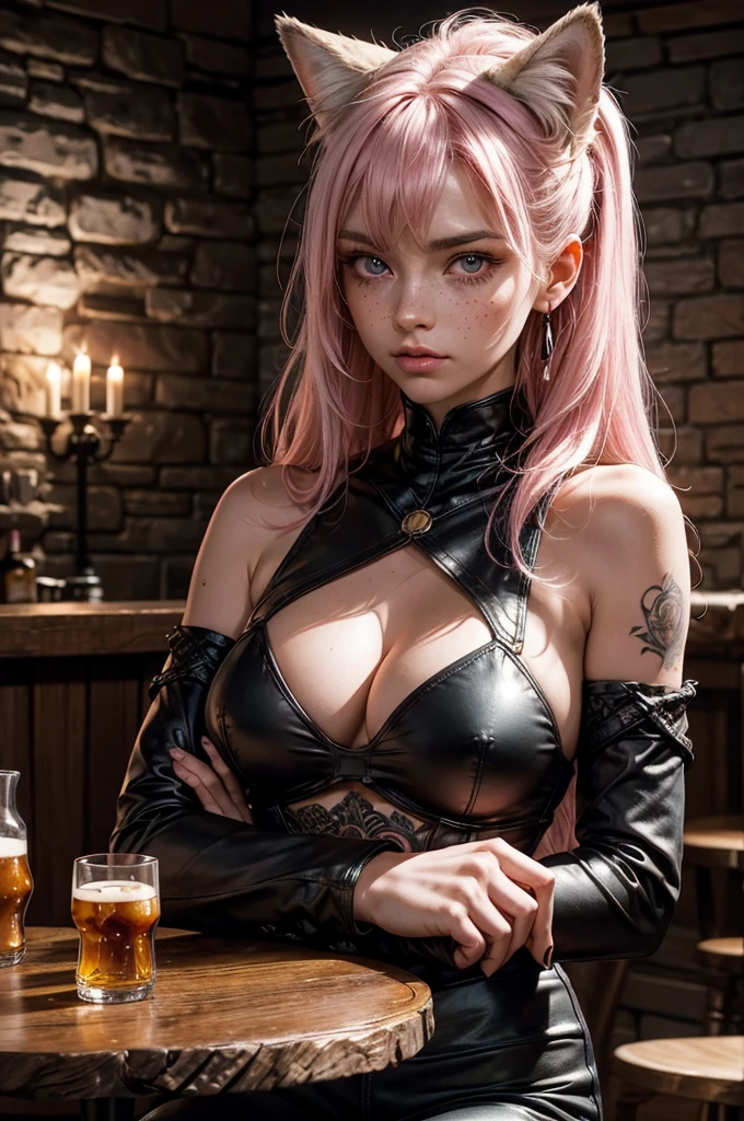 Seated at table slouching with head resting on her crossed arms resting on the table. Front view exhausted fatigued looking beautiful athletic white 22 year old woman-fox hybrid. Big pink and white fox ears on head. Soft round face with dimples. Looks weary and tired glazed over look staring into the distance. Very messy unkempt long white hair with pink highlights messy bangs in center of face. Tattoos on her arms. A handled brown mug with beer foam on top in front of her and a full shot glass of whiskey and three empty shot glasses next to her. Closing big bright sparkling almond shaped illuminated violet colored eyes. arched furrowed eyebrows. Small upturned nose with high cheekbones with freckles on face. Small pouty soft pink lips with mouth open slightly. Wearing small black and red top. Black and red leather pants. Scene is a rustic Celtic bar daylight with candelabras lit attached to stone wall in background. Vines growing on walls.