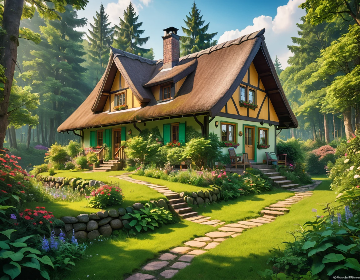 hyperrealistic image of a cozy cottage in the woods, surrounded by nature. aesthetic vibrant colors interior, The image has a lo-fi filter and a dreamy quality, art highly detailed, fine details, hyper quality, trending on artstation, award-winning, megapixel, elegant, high-quality, se-noise, post-processing, post-production, ultra-wide angle lens, wide angle view, super resolution, megapixel, DSLR, Nikon D750, shot on 70mm, lens, distortion, f/22, shutter speed 1/1000,HDR,8k