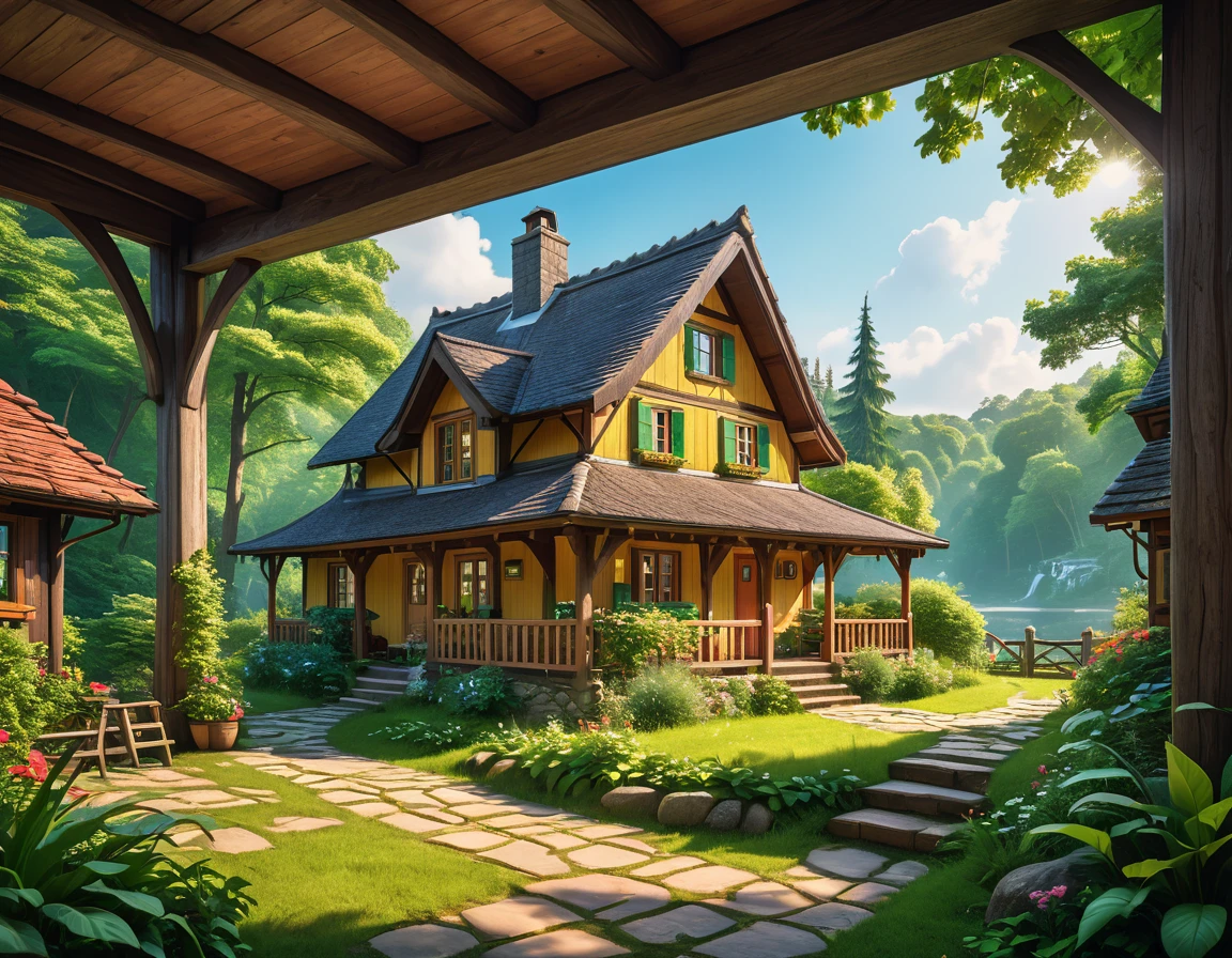hyperrealistic image of a cozy cottage in the woods, surrounded by nature. aesthetic vibrant colors interior, The image has a lo-fi filter and a dreamy quality, art highly detailed, fine details, hyper quality, trending on artstation, award-winning, megapixel, elegant, high-quality, se-noise, post-processing, post-production, ultra-wide angle lens, wide angle view, super resolution, megapixel, DSLR, Nikon D750, shot on 70mm, lens, distortion, f/22, shutter speed 1/1000,HDR,8k