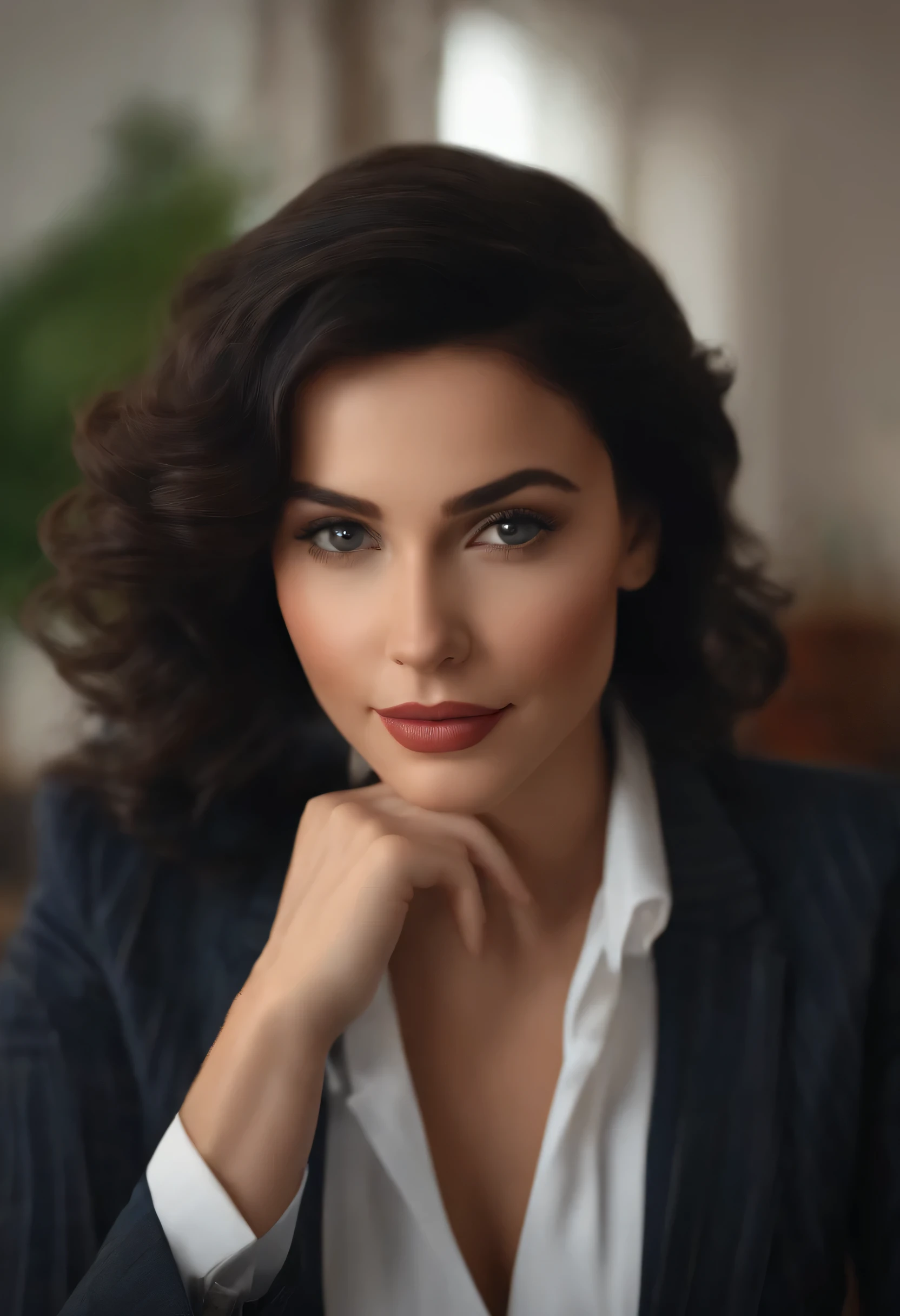 first quality, work of art, 1 girl, beautiful  face, (photorealistic photos:1.3), rim lighting, (High-detail skin:1.2), 8K UHD, dslr, high qualiy, High definition, 4K, 8K, bokeh, (Real: 1.3), little face, Beautiful girl, Black Formal Blazer, medium chest, skirt short,DESK