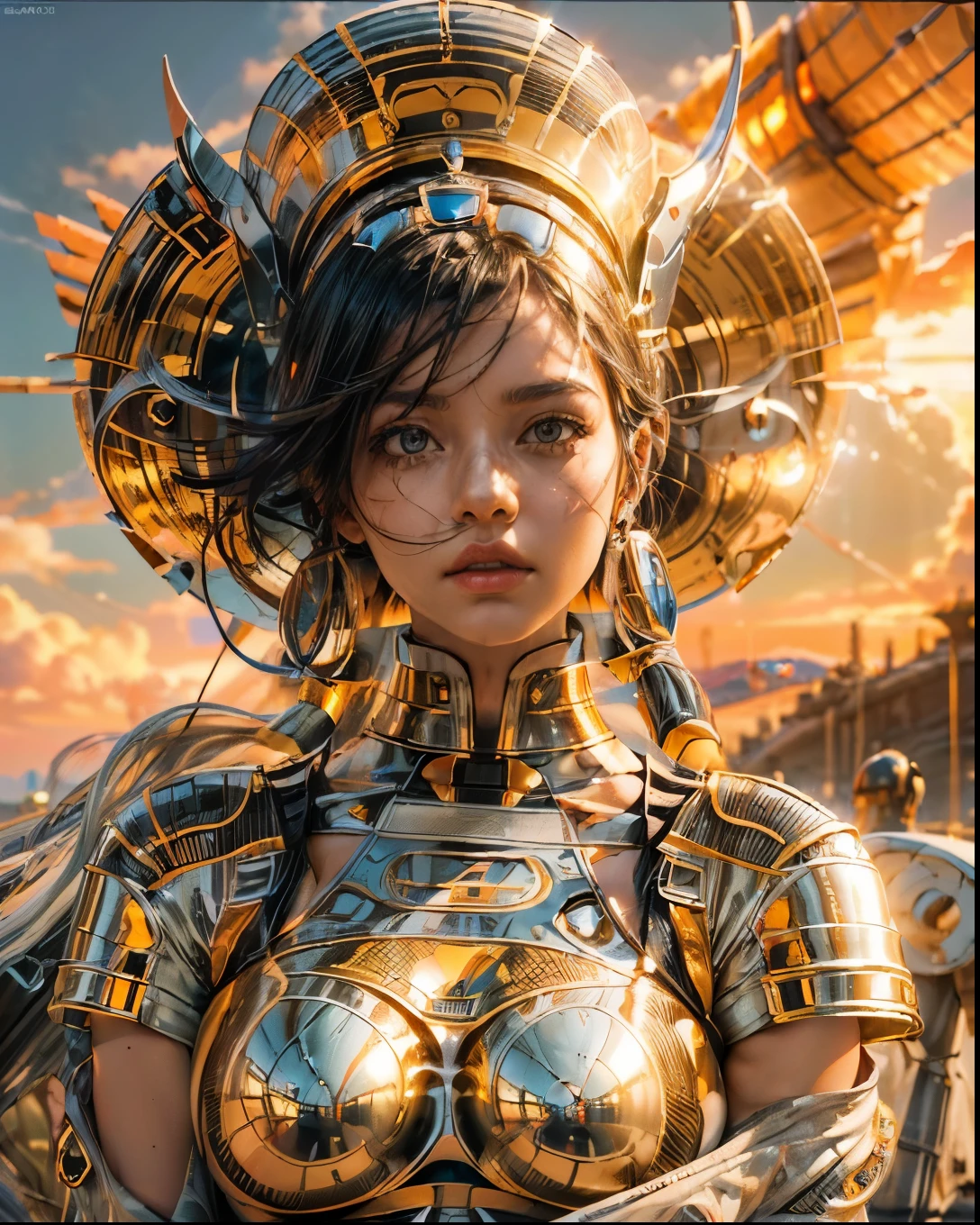 (((low angle shot))), ((1 woman staring at camera in a one piece ultra thin translucent bikini with gorgeous muscular long legs)), ((white gold orange black)), prismatic, reflective, ((ultra perfect flowing hairstyle)), (((huge natural breasts))), ((perfect radiant skin color)), ((super colourful)), (((cinematic sunset gorgeous skies))), (((detailed spaceship background and incredibly sci-fi retro art masterpiece))), (((1:1 scale proportions))), ((science fiction)), ((chrome spaceships)), (((ultra photorealistic realism))), ((Smooth curves, clean lines, streamlined, functional aesthetics, reflective surfaces, integrated lighting, giant floating spaceships, engraved Egyptian and spiritual motifs)), ((acrylic plastic motorcycle))