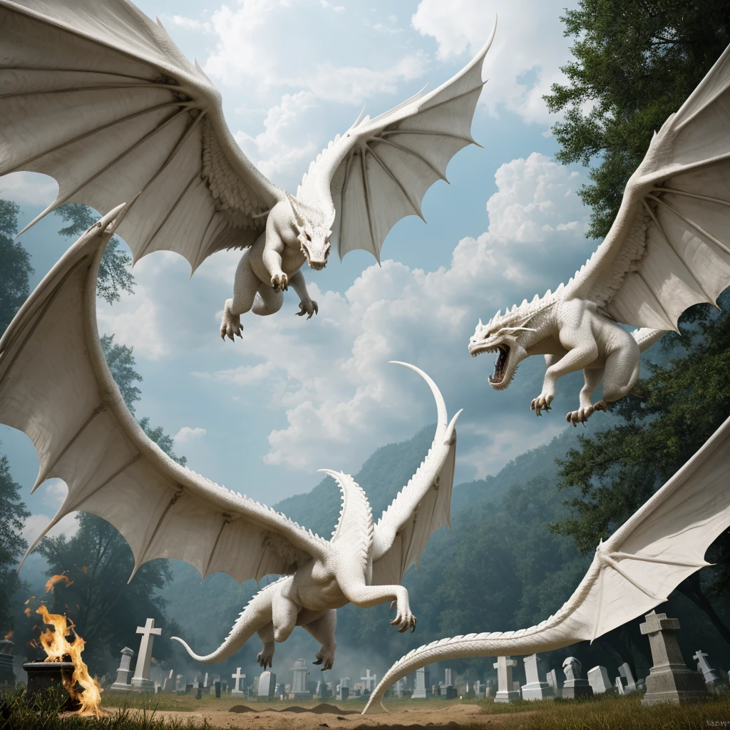 (best quality,4k,highres,masterpiece:1.2),ultra-detailed,(realistic:1.37),white atmosphere,tomb,white dragon emerging from the earth,vector art,detailed,fangs,wings,fire,earth,day,cemetery