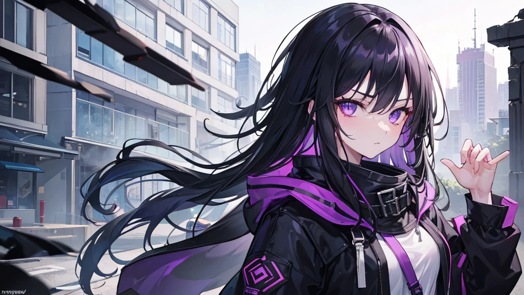 1girl, black long hair, purple eyes, detailed eyes, glaring at viewer, wearing coat, urban ruins, absurdres, high res, ultrasharp, 8K, masterpiece, mature looking