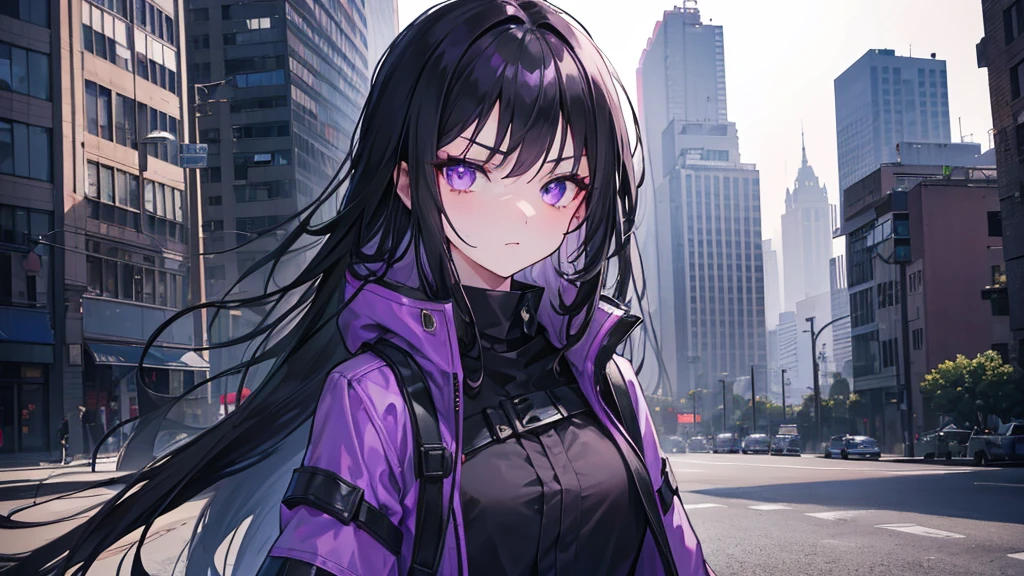 1girl, black long hair, purple eyes, detailed eyes, glaring at viewer, wearing coat, urban ruins, absurdres, high res, ultrasharp, 8K, masterpiece, mature looking