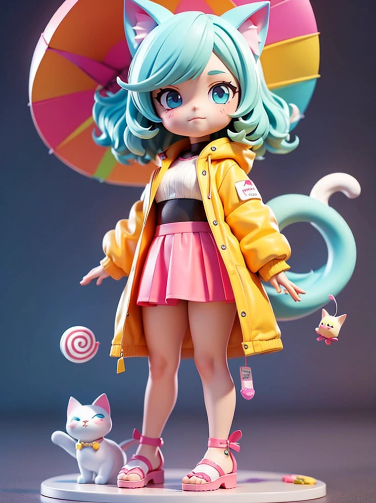 (girl wrapped in colorful plastic raincoat), tchibi, Fluorescent translucent sports fashion trend clothing, wearing sandals, colorful skirt, (clear plastic umbrella), (Candy color hair), (gradient hair), (cat ears), (cat tail), simple bright background, 3D toys, Cyberpunk Style, cinema4d, rendering by octane, 3D model, Collectible toys, nendoroid, Street style,by Pixar, Big shoes, Fashion trends, Close-up, Full body --AR 3:4 --q 2 50 --niji 5 --niji 5 --s 100 --stylistic expression --s 2