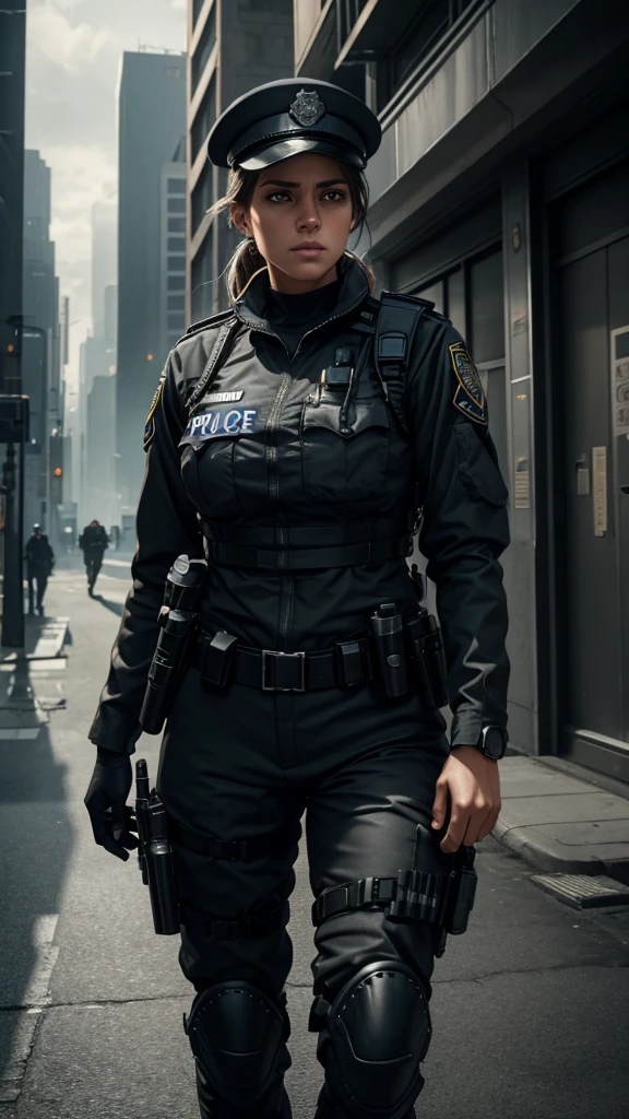 a female police officer, dark gray uniform, patrolling the streets with her german shepherd dog, hyperrealistic, highly detailed, octane render, cinematic lighting, dramatic pose, beautiful detailed eyes, beautiful detailed lips, extremely detailed face, long eyelashes, muscular body, serious expression, tactical gear, city background, gritty urban environment, cinematic camera angle, dramatic shadows, moody colors, muted tones, photorealistic, 8k, best quality
