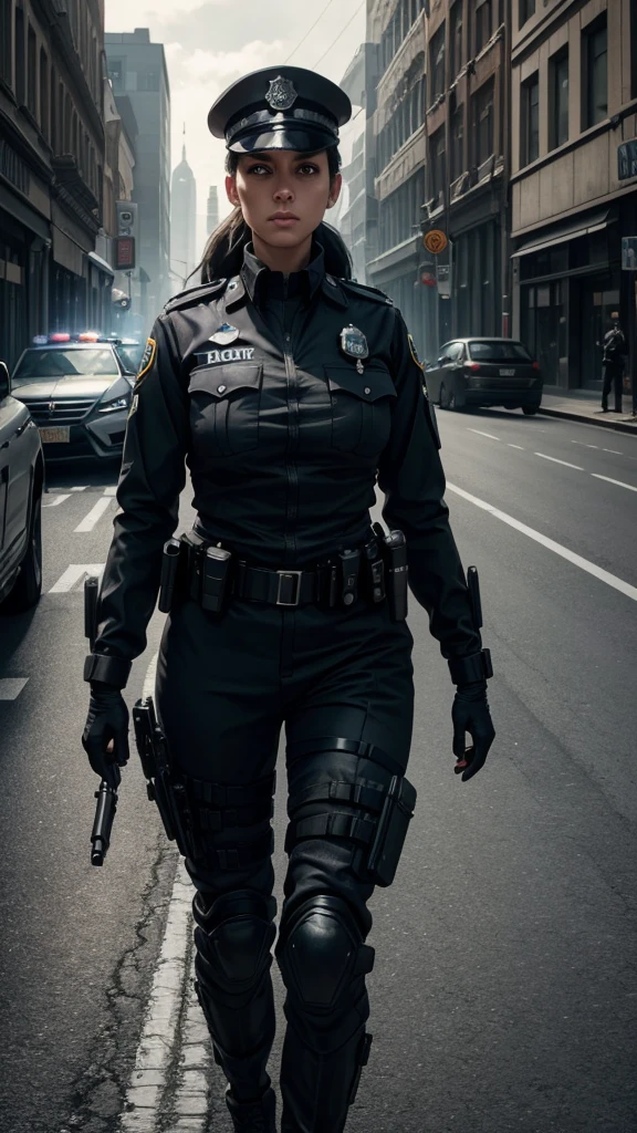 a female police officer, dark gray uniform, patrolling the streets with her german shepherd dog, hyperrealistic, highly detailed, octane render, cinematic lighting, dramatic pose, beautiful detailed eyes, beautiful detailed lips, extremely detailed face, long eyelashes, muscular body, serious expression, tactical gear, city background, gritty urban environment, cinematic camera angle, dramatic shadows, moody colors, muted tones, photorealistic, 8k, best quality