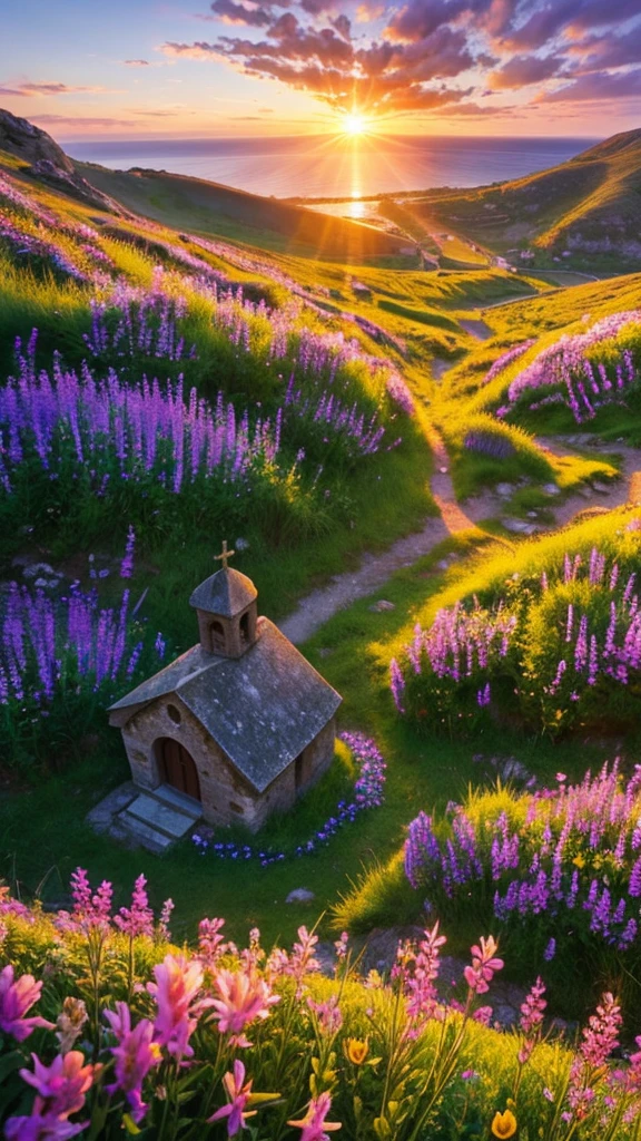 Medieval church with bell, in a valley of flowers overlooking the sea. Sunset with rays of light and shadow in harmony. Mystic.