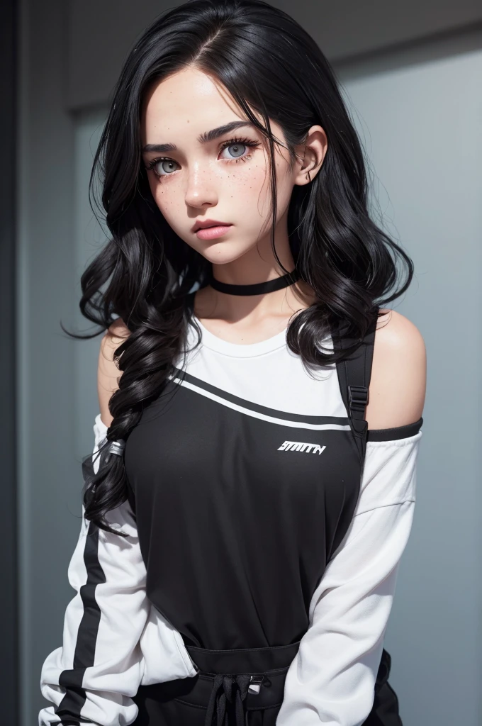 Create a girl with shoulder-length wavy black hair, eyes browns, freckles and white, in the style of the game Fortnite