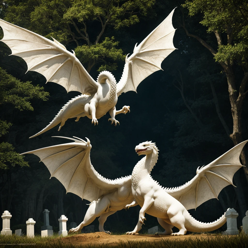 (best quality,4k,highres,masterpiece:1.2),ultra-detailed,(realistic:1.37),light atmosphere,tomb,white dragon emerging from the earth,vector art,detailed,fangs,wings,fire,earth,day,cemetery