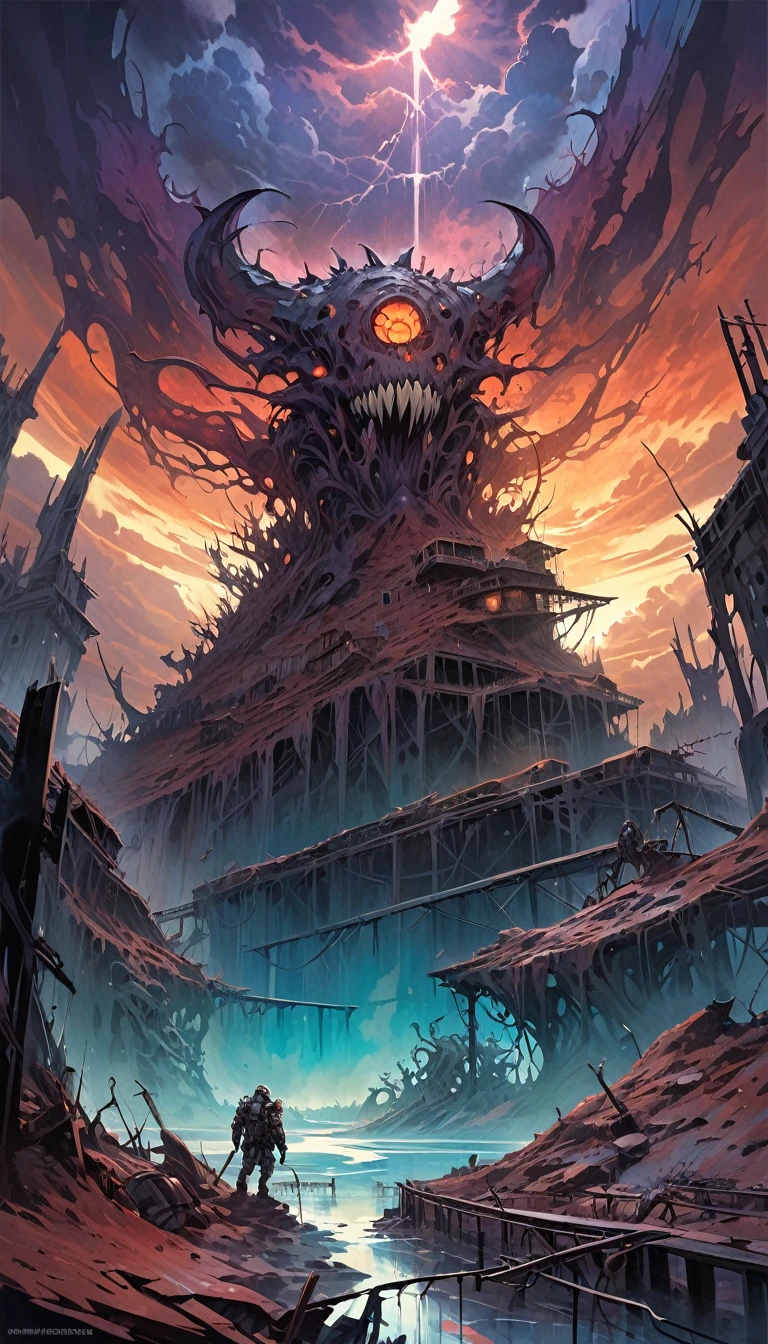 great landscape, dead world theme, contaminated world, only metal structures left as a memory, no vegetation, contaminated water, dark world, spectacular otherworldly sky, mutant monsters on stage (art inspired by Bill Sienkiewicz ). oil painting)
