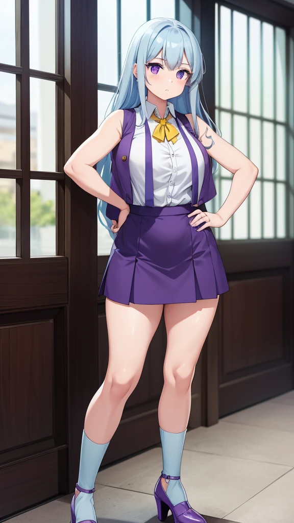 A cute teenage girl, beautiful beauty, big chest, long soft wavy light blue hair, her purple eye, wears a white button-down shirt, wearing a gray sleeveless button-down vest and a metallic purple skirt, pair of red socks, and yellow heels.