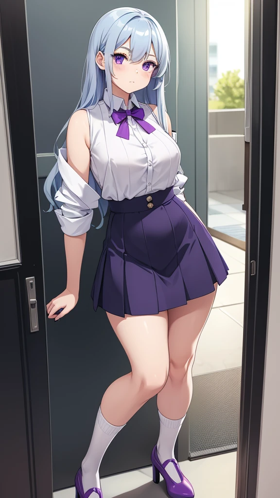 A cute teenage girl, beautiful beauty, big chest, long soft wavy light blue hair, her purple eye, wears a white button-down shirt, wearing a gray sleeveless button-down vest and a metallic purple skirt, pair of red socks, and yellow heels.