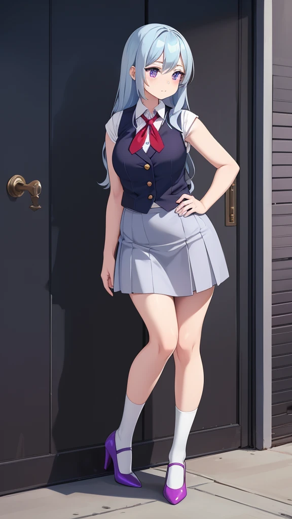 A cute teenage girl, beautiful beauty, big chest, long soft wavy light blue hair, her purple eye, wears a white button-down shirt, wearing a gray sleeveless button-down vest and a metallic purple skirt, pair of red socks, and yellow heels.