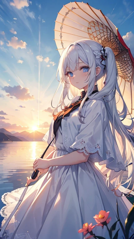 Masterpiece, highres, 1 girl, wallpaper. A young beautiful girl with white hair, white skin, blue eyes. She has long hair, her hair blows in the wind. She wears a red beautiful dress, looks at viewer and holds a long umbrella. A breathtaking landscape, with vibrant colors illuminating the sky. The sun is at high noon , casting golden rays across the landscape. The sky is a gradient of warm colors The entire scene is serene and majestic, capturing the beauty of the girl. The landscape is mountain