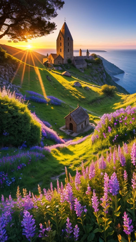 Medieval church with bell, in a valley of flowers overlooking the sea. Sunset with rays of light and shadow in harmony. Mystic.