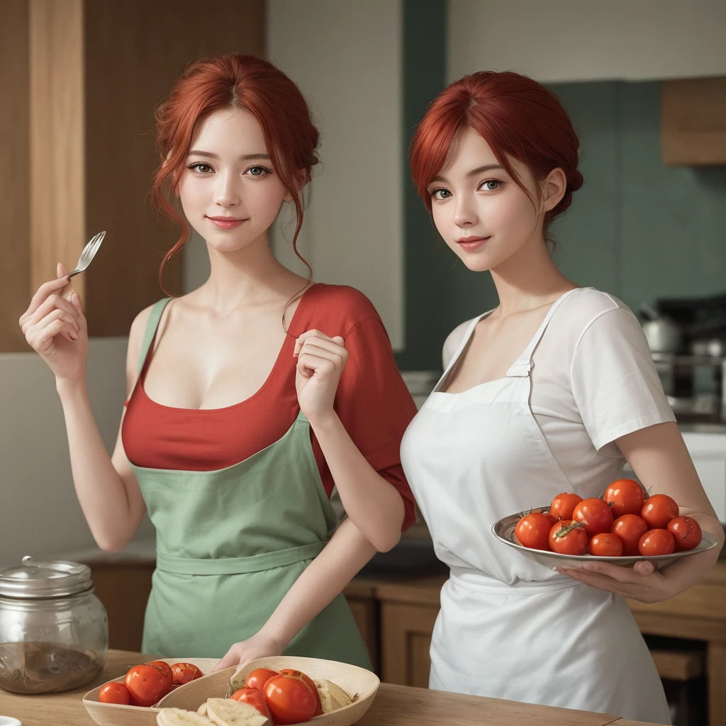 (masterpiece, Best quality, A high resolution, ultra quality), extremely detailed, realistic, complex parts, portrait at the table, Shot at eye level, beautiful 27 year old European, With natural breasts, in a white T-shirt , in a green apron , curly red hair, in cooking, cooking in the kitchen, smiling. ((holding a jar of pickled tomatoes)). Correct hands and fingers.