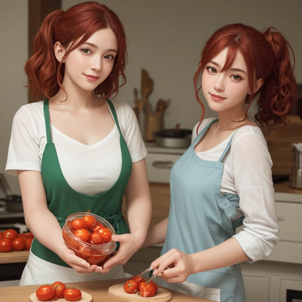 (masterpiece, Best quality, A high resolution, ultra quality), extremely detailed, realistic, complex parts, portrait at the table, Shot at eye level, beautiful 27 year old European, With natural breasts, in a white T-shirt , in a green apron , curly red hair, in cooking, cooking in the kitchen, smiling. ((holding a jar of pickled tomatoes)). Correct hands and fingers.