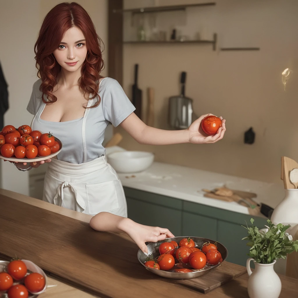 (masterpiece, Best quality, A high resolution, ultra quality), extremely detailed, realistic, complex parts, portrait at the table, Shot at eye level, beautiful 27 year old European, With natural breasts, in a white T-shirt , in a green apron , curly red hair, in cooking, cooking in the kitchen, smiling. ((holding a jar of pickled tomatoes)). Correct hands and fingers.