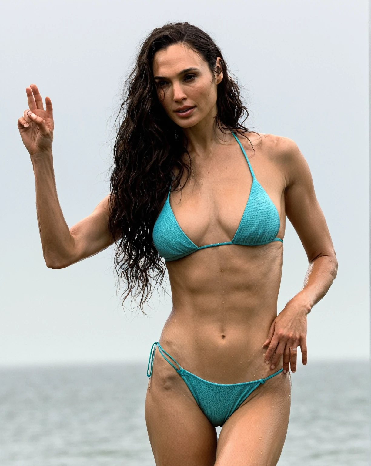 high quality Erotic shot of a extremely hot woman, ( GalGadot, photorealistic ) wearing a color sexualized bikini , famous erotic bikini model , celebrity erotic photograph, hands raised in a erotic pose, sedutive smile, oily skin , making her hair , erotic magazine photoshoot ,rainy, wet, shiny sweaty skin, seductive expression , on beach, wet hair, dark atmosphere, erotic lighting , celebrity, female, woman, hollywood actress, erotic angle ( perfect body parts, perfect anatomy, ultra detailed face , depth of field, insanely detailed skin texture, hyper detailed features )
