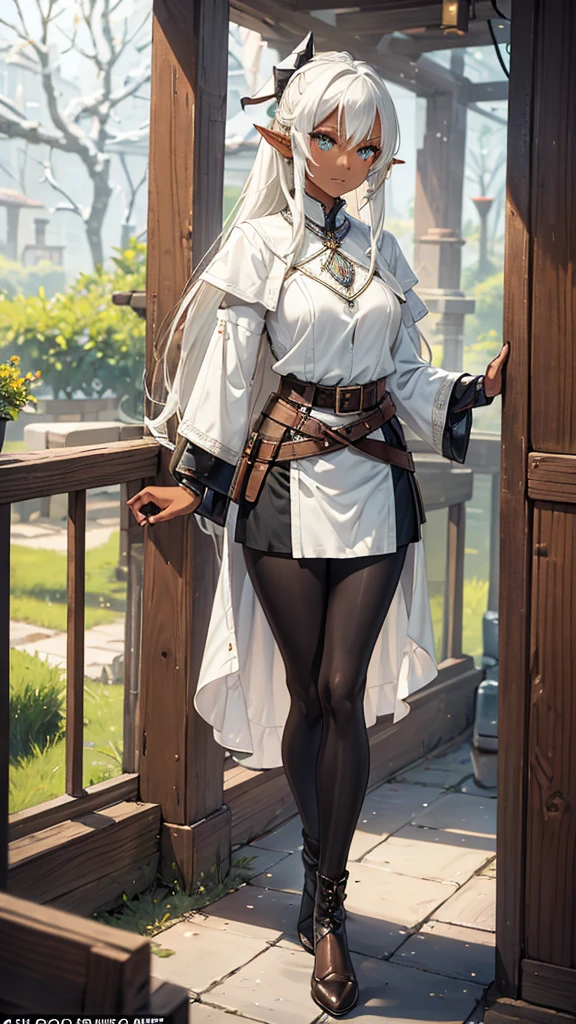 Features: An adventurous elf tennager girl, with elven ears, dark skin, brown skinned, a slightly curvy but still flat body and thin waist. She has bright greeneyes, big eyes, snow white hair, medium length straight hair, twintail hair style, double ponytail hairstyle and curtain bangs. She has a neutral, apathetic expression on her face. Outfit: She wears black and white adventurer clothes. White coat with buttoned sleeves, a black and white striped shirt underneath, a medium-sized white skirt, a black belt, black pantyhose and brown leather high-boots. Scenario: A dense pine forest by day.
