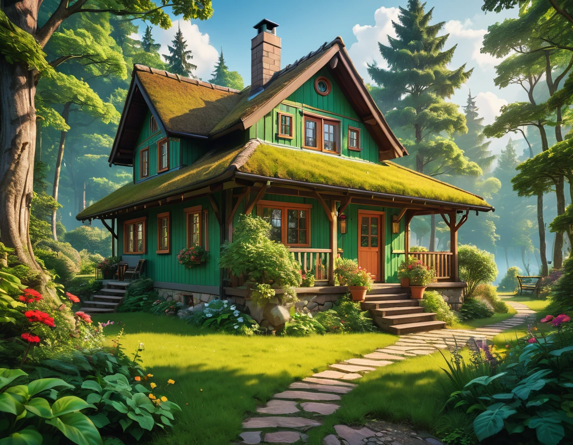 hyperrealistic image of a cozy cottage in the woods, surrounded by nature. aesthetic vibrant colors interior, The image has a lo-fi filter and a dreamy quality, art highly detailed, fine details, hyper quality, trending on artstation, award-winning, megapixel, elegant, high-quality, se-noise, post-processing, post-production, ultra-wide angle lens, wide angle view, super resolution, megapixel, DSLR, Nikon D750, shot on 70mm, lens, distortion, f/22, shutter speed 1/1000,HDR,8k