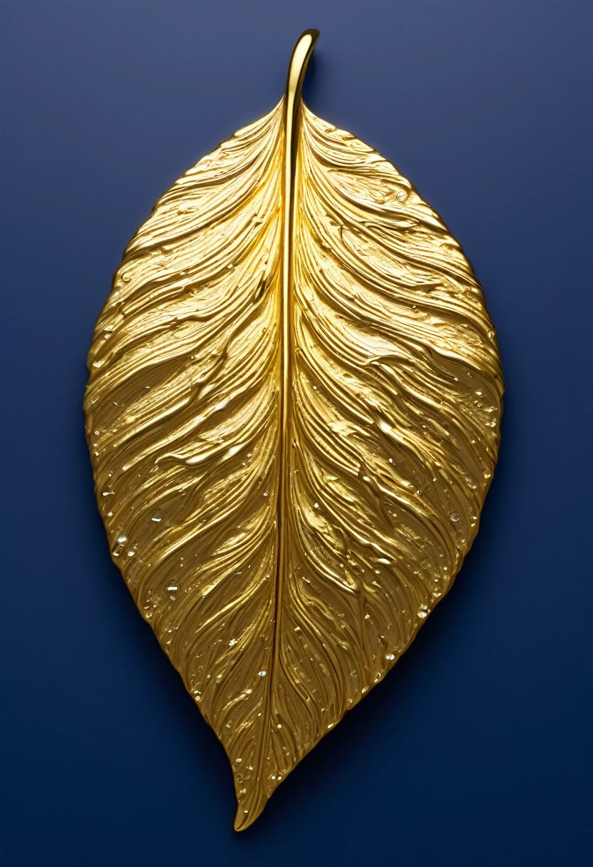 The image shows a work of art depicting a drop of gold. The drop is meticulously detailed, with the veins and textures of the leaf realistically rendered. The drop of gold has a shiny, metallic appearance, and the drop is set against a plain blue background, which contrasts with the golden color and highlights the details of the drop. The artwork is probably created using a technique that involves applying fine drops of gold to a surface, a common method for creating decorative or artistic pieces.