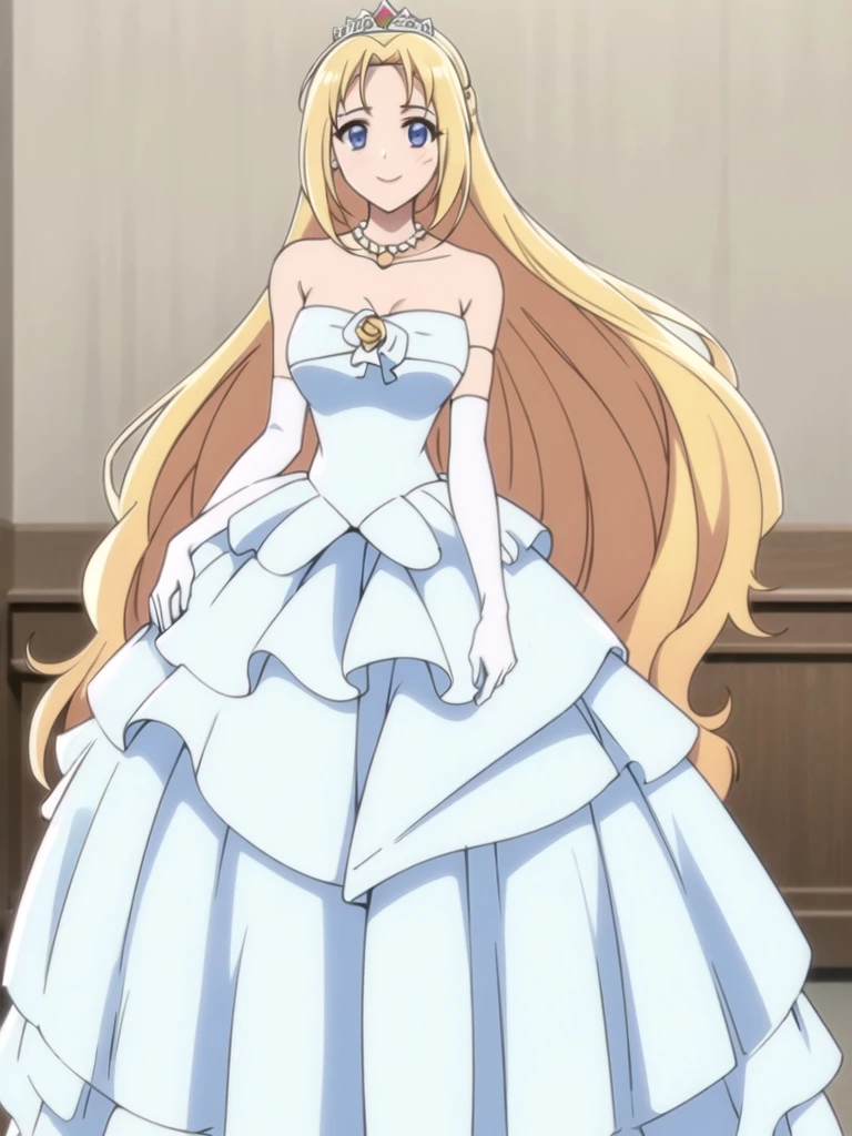 ((Best quality))),((Ultra-detailed)),((illustration)),((Disheveled hair)),((frilld)),(1 girl),(Solo),
1girl,solo,rating:safe,wedding,bare_shoulders,blonde_hair,blue_eyes,breasts,bridal_gauntlets,bridal_veil,cleavage,clothing,crown,curtsey,dress,drop_earrings,earrings,elbow_gloves,female,female_only,gloves,headdress,headwear,jewelry,layered_dress,long_hair,looking_at_viewer,necklace,skirt_hold,smile,standing,strapless,strapless_dress,tiara,veil,very_long_hair,white_dress,white_footwear,white_gloves,