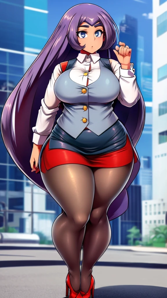 A teenage Arabian girl, cute beauty, beautiful big chest, long soft wavy light blue hair, her purple eye, she wears a white button-down shirt, wearing a gray sleeveless button-down vest and a metallic purple skirt, a pair of red socks, and yellow heels.