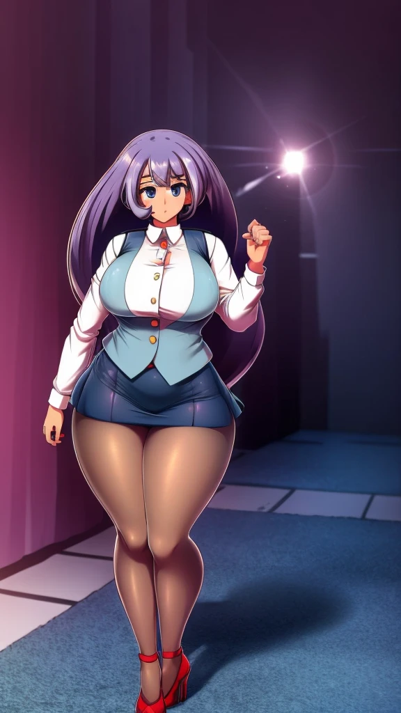 A teenage Arabian girl, cute beauty, beautiful big chest, long soft wavy light blue hair, her purple eye, she wears a white button-down shirt, wearing a gray sleeveless button-down vest and a metallic purple skirt, a pair of red socks, and yellow heels.